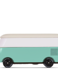 Small teal and white van-shaped cooler on a white background