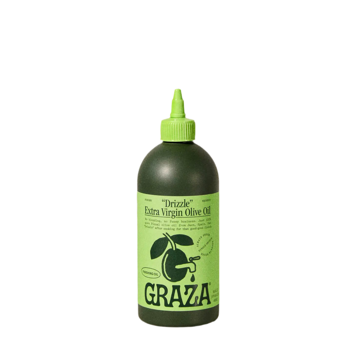 A bottle of 'Drizzle' Extra Virgin Olive Oil by Graza, with a green cap and label featuring an olive and leaf design.