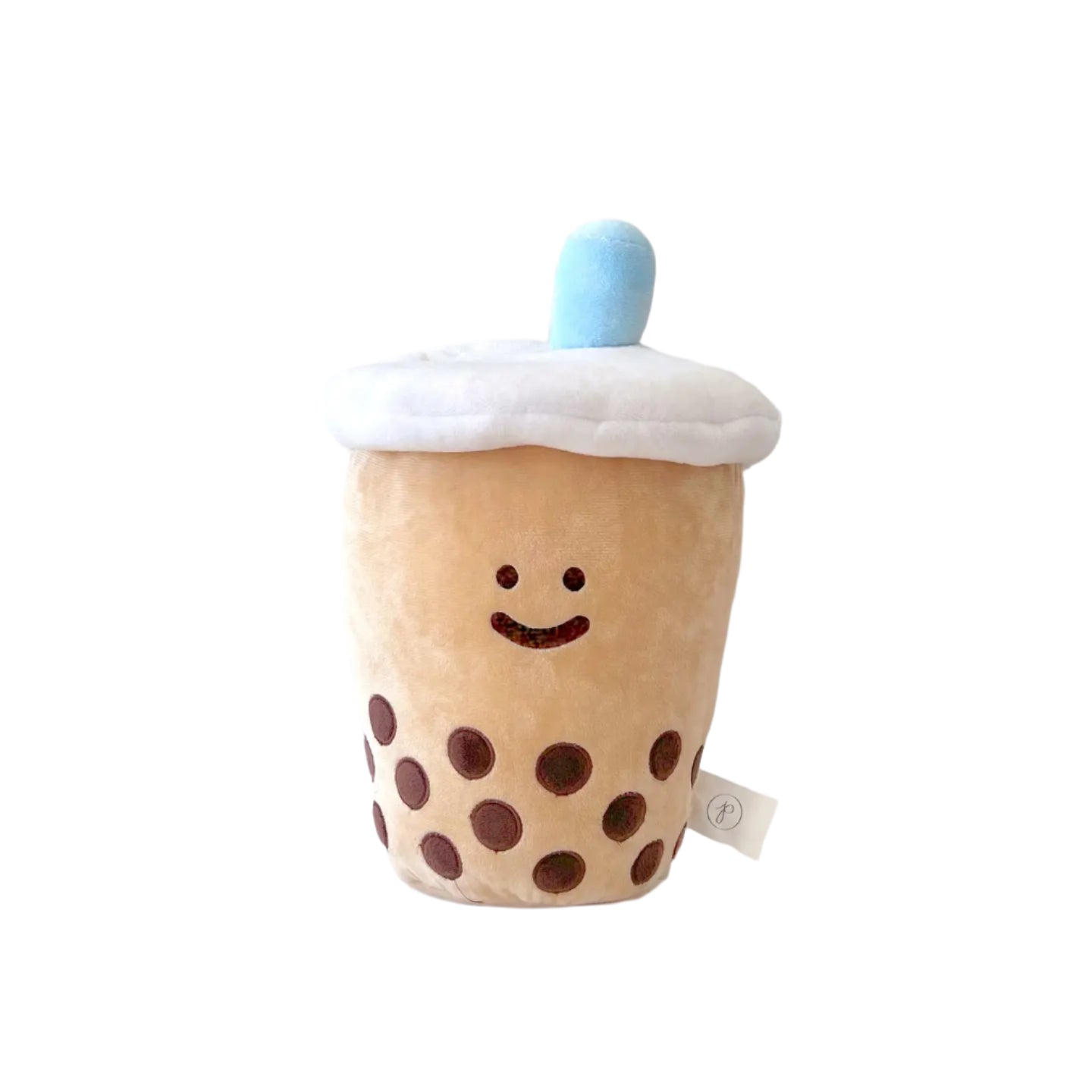 A plushie toy designed to look like a boba bubble tea drink with a smiling face, brown sugar cubes, and a blue straw on top.