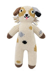A beige, brown, black, and white knit plush dog toy with a simple design and stitching details.