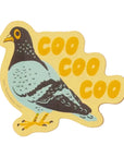 A die-cut sticker featuring a stylized pigeon illustration with the word 'COO' repeated in yellow letters, shown on a solid peach background.