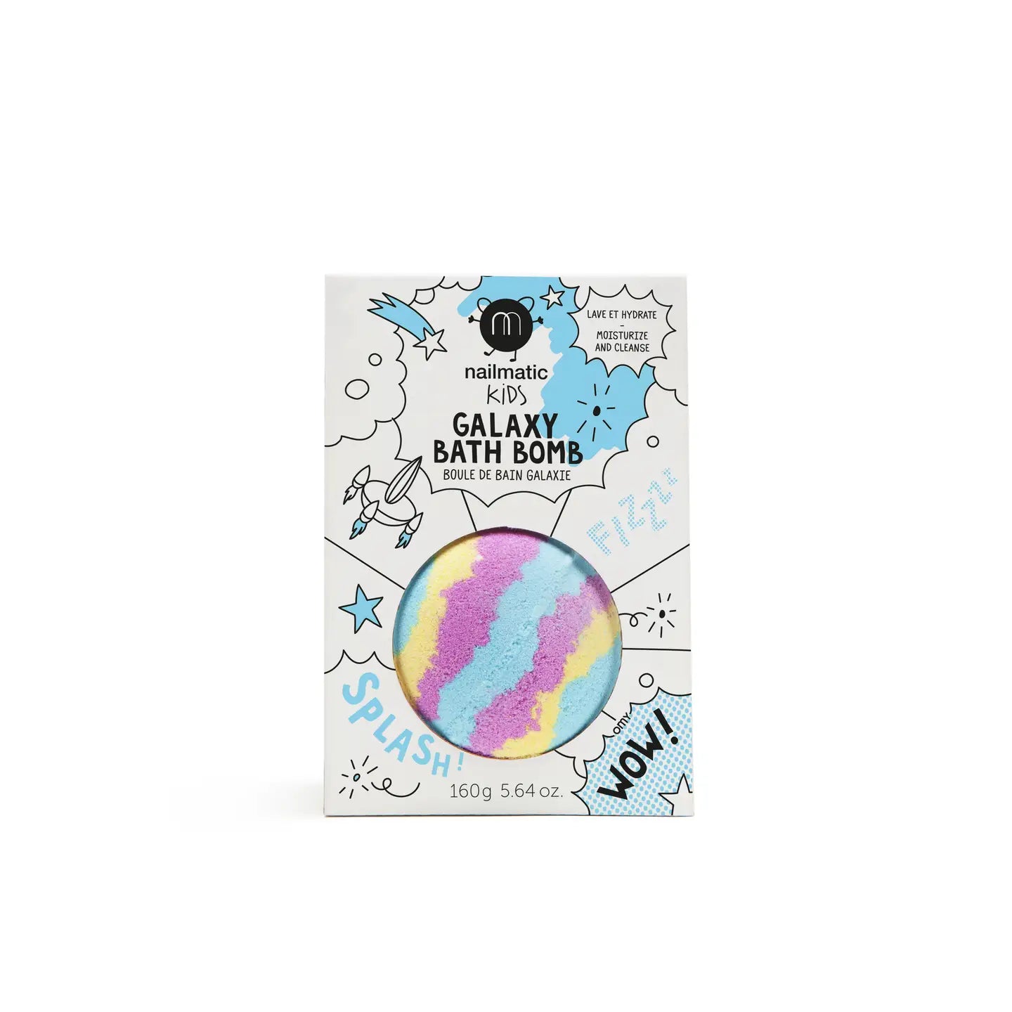 A bath bomb with multicolored patterns presented in packaging designed for children, labeled 'Nailmatic Kids Galaxy Bath Bomb'.