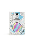 A bath bomb with multicolored patterns presented in packaging designed for children, labeled 'Nailmatic Kids Galaxy Bath Bomb'.