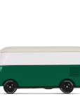 Green and white vehicle-shaped cooler on a white background