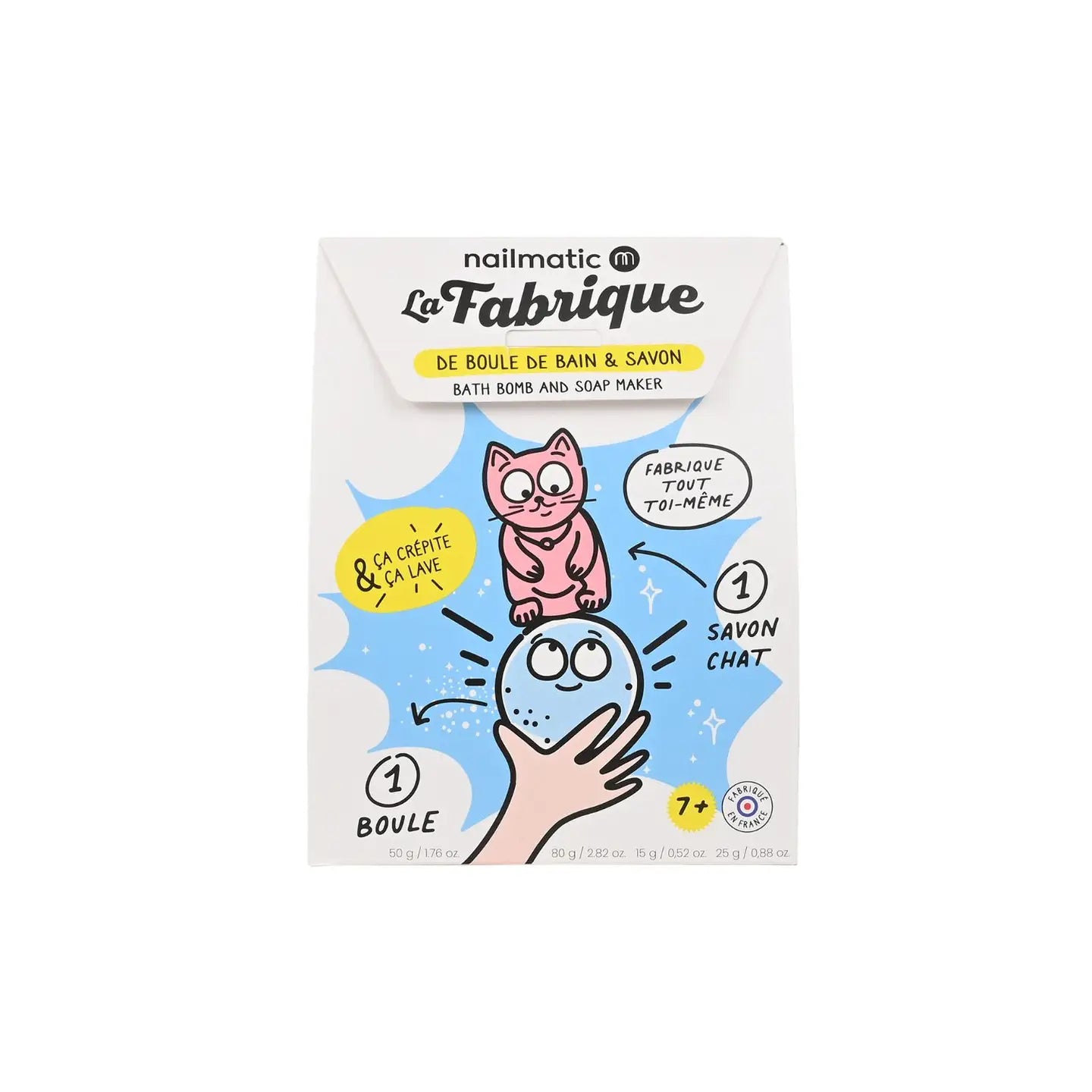 Packaging of Nailmatic bath bomb and soap maker kit with illustrations of a cat and a bath bubble, and text detailing the product use.
