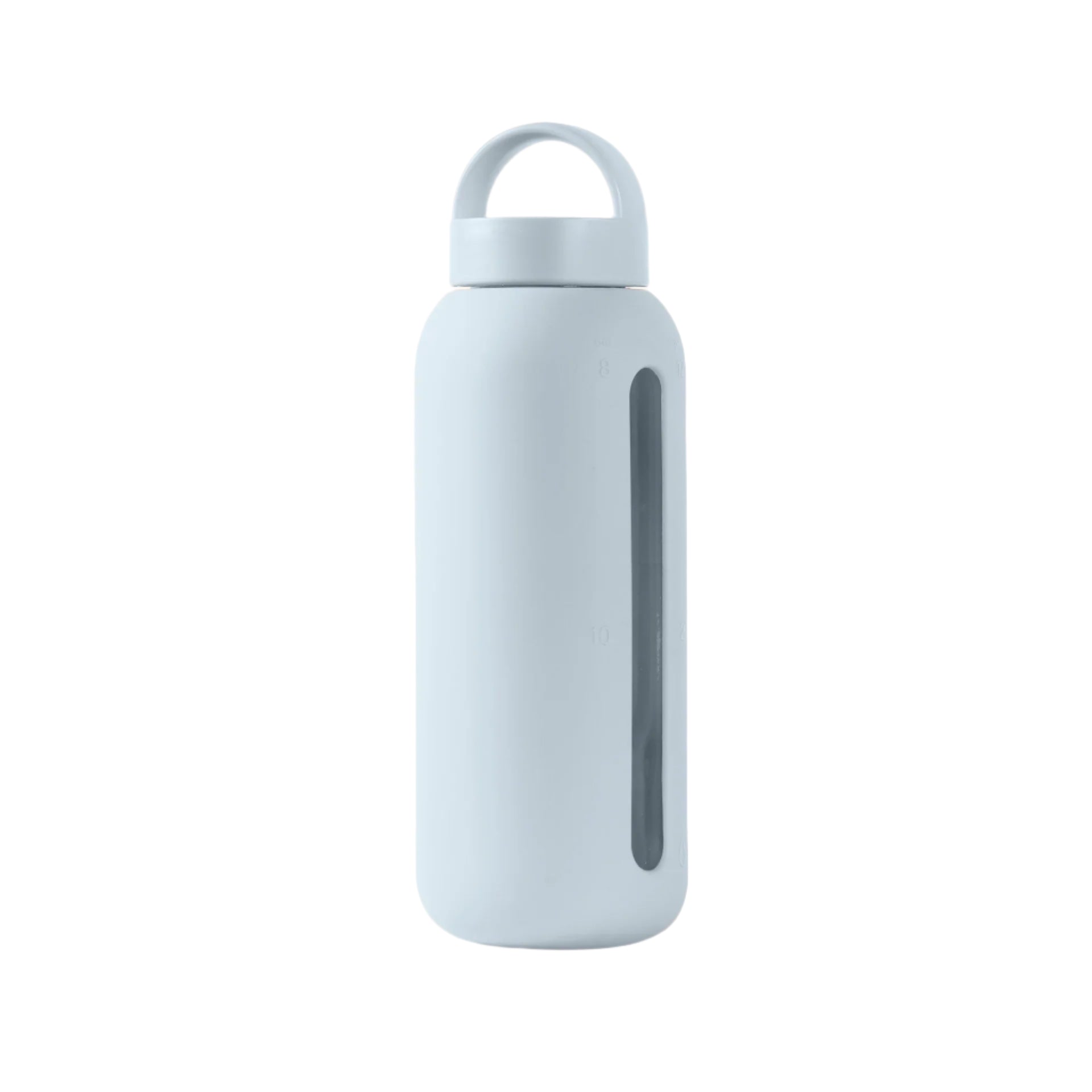 Glass water bottle with a protective silicone sleeve and screw on cap in blue.