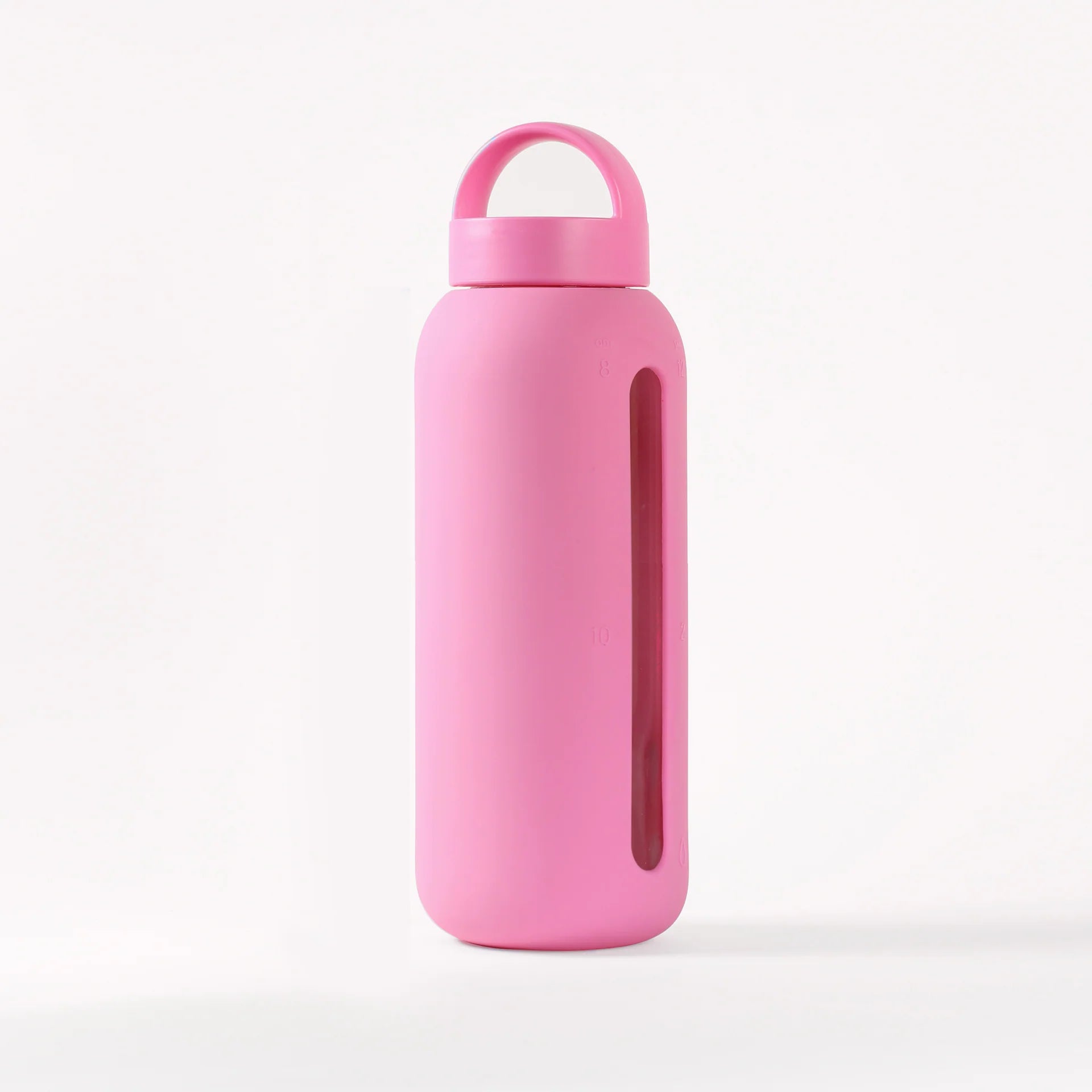 Glass water bottle with a protective silicone sleeve and screw on cap in pink.