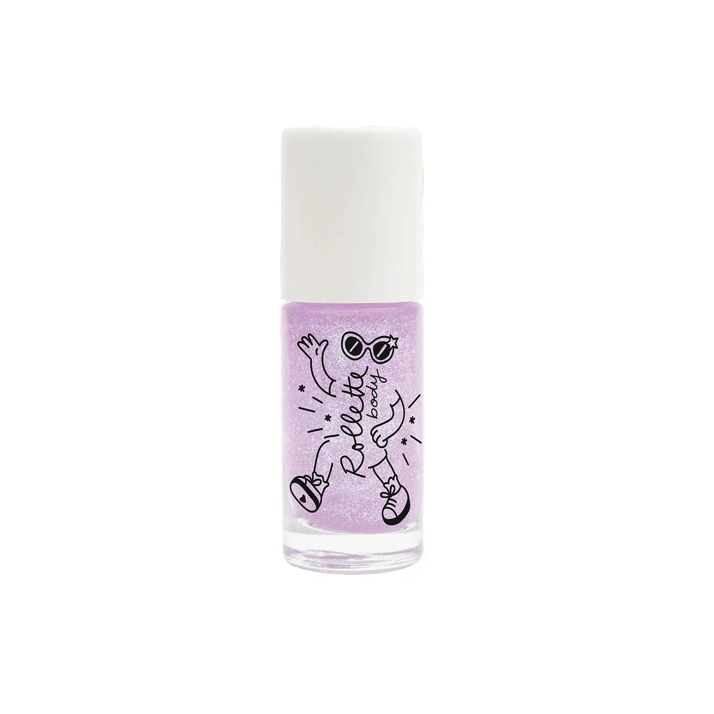 A roll-on body glitter bottle with a white cap and label featuring an illustration of a character. Purple roll-on body glitter bottle.