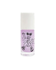 A roll-on body glitter bottle with a white cap and label featuring an illustration of a character. Purple roll-on body glitter bottle.