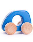 dark blue wooden toy car with four big wheels