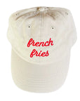 Beige hat with FRENCH FRIES embroidered in red on front.