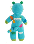 Knitted toy with colorful patterns on a white background