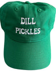 Green hat with DILL PICKLES embroidered in white on front.