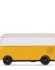 Yellow and white cooler shaped like a vintage van on a white background