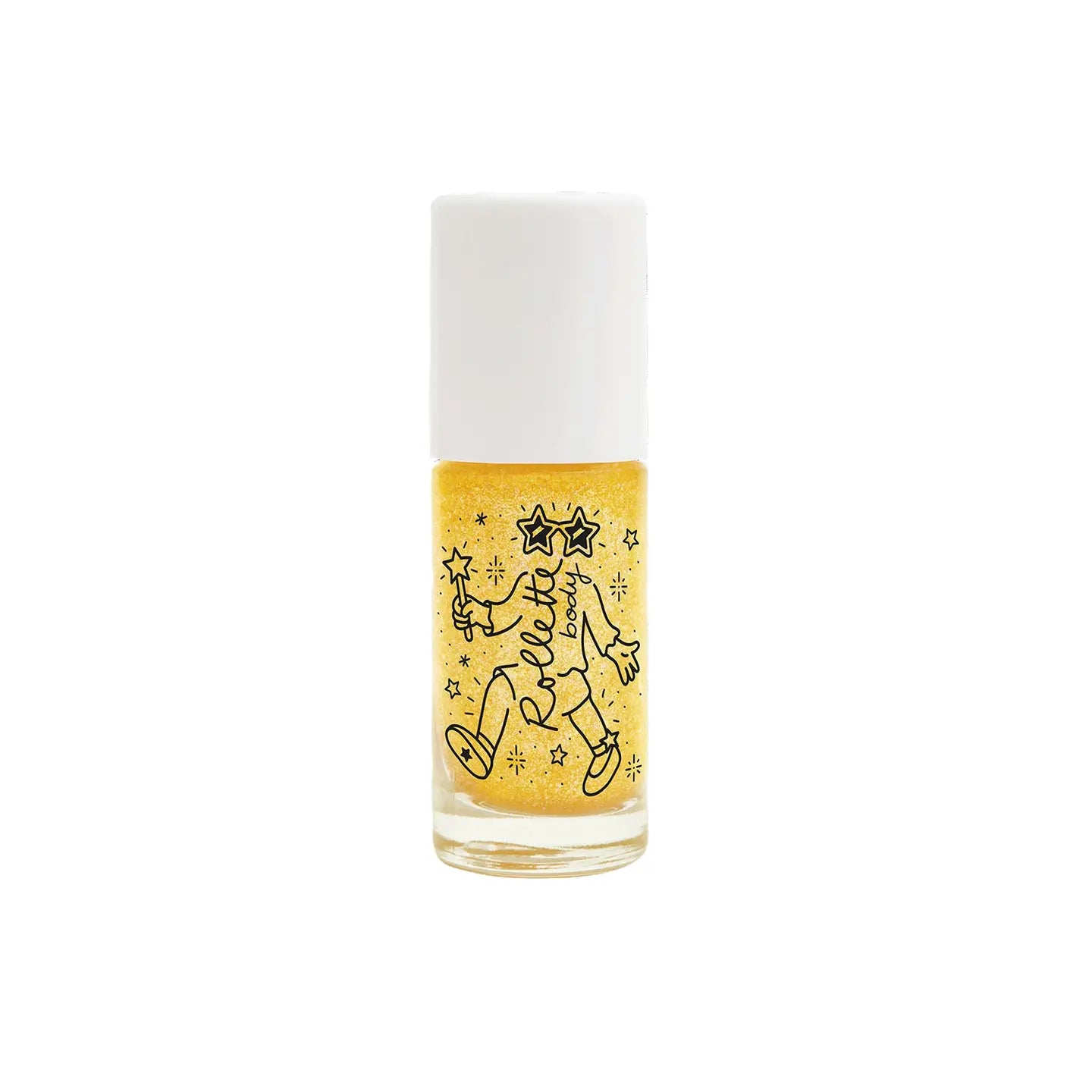 A roll-on body glitter bottle with a white cap and label featuring an illustration of a character. Yellow roll-on body glitter bottle.