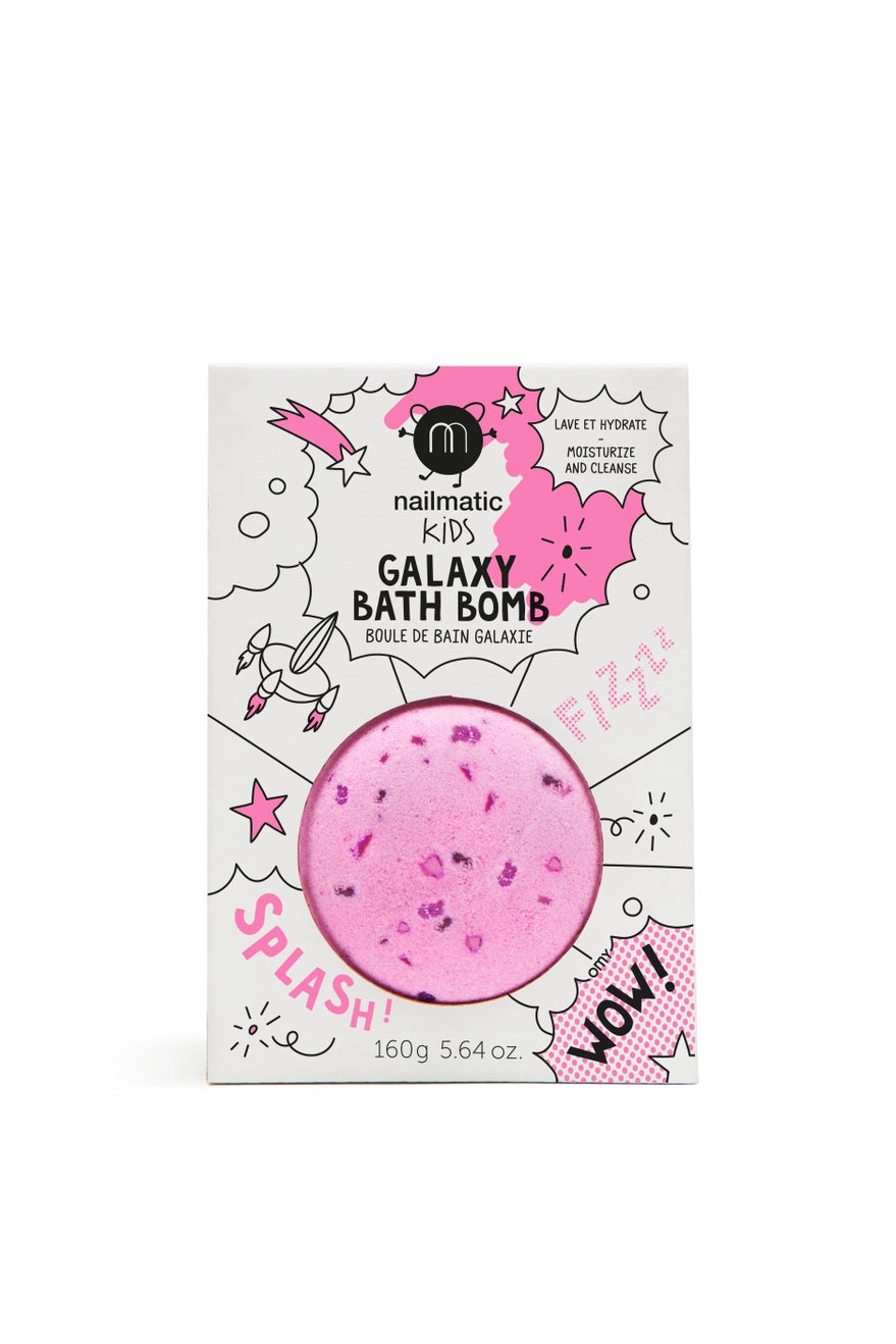 A pink bath bomb with dried flowers presented in packaging designed for children, labeled 'Nailmatic Kids Galaxy Bath Bomb'.