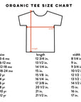 Size chart for organic cotton tee sizes 3 to 6 months through size 12.