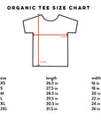 Size chart for organic cotton tee sizes XS to 2XL.