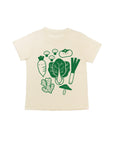 White shirt with green screen print of popular asian vegetables.