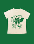 White shirt with green screen print of popular asian vegetables on green background.