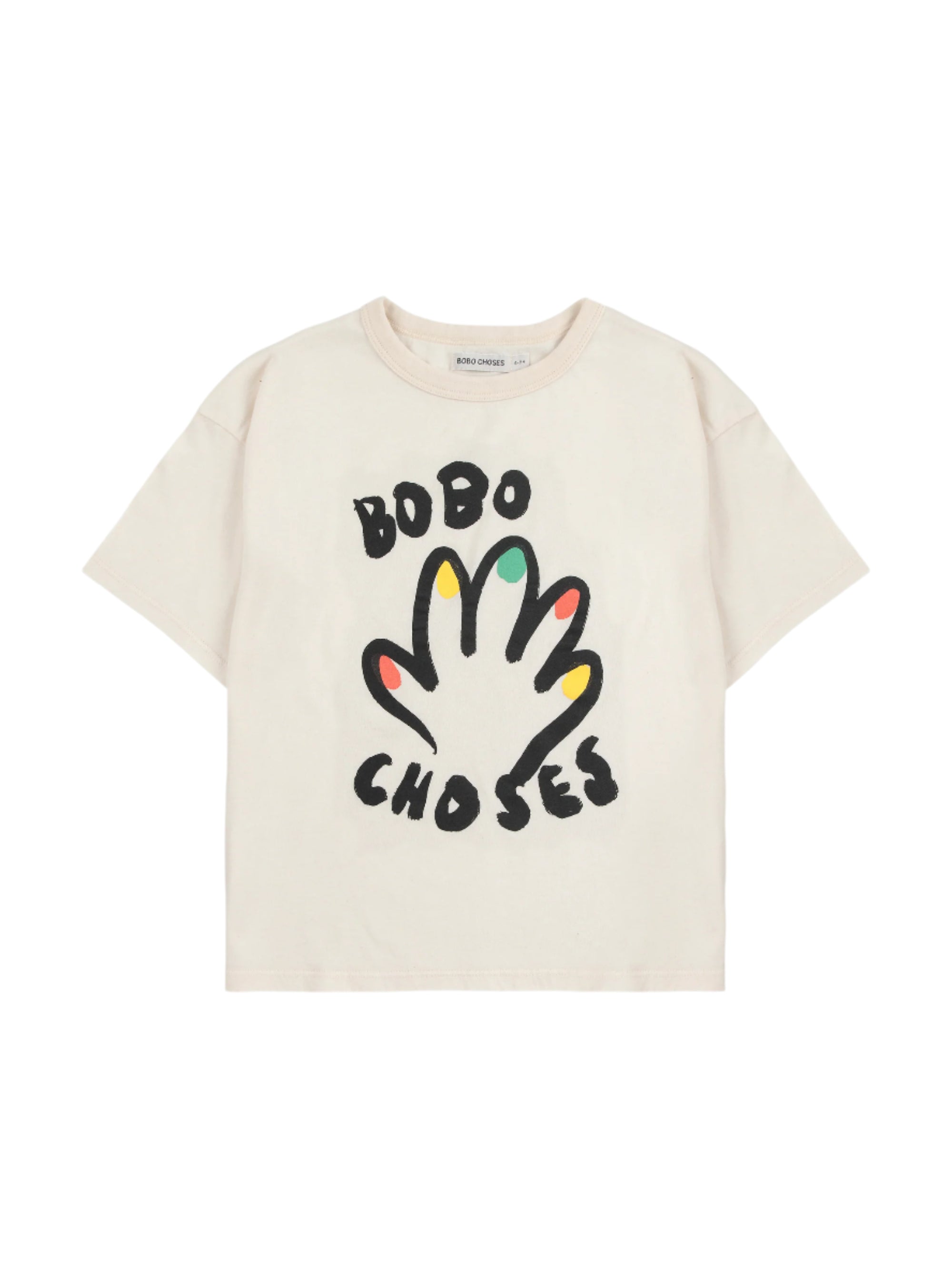 Beige t-shirt with colorful handprint design and 'BOBO CHOSES' text on a white background.