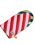 A vibrant oven mitt with red and pink diagonal stripes