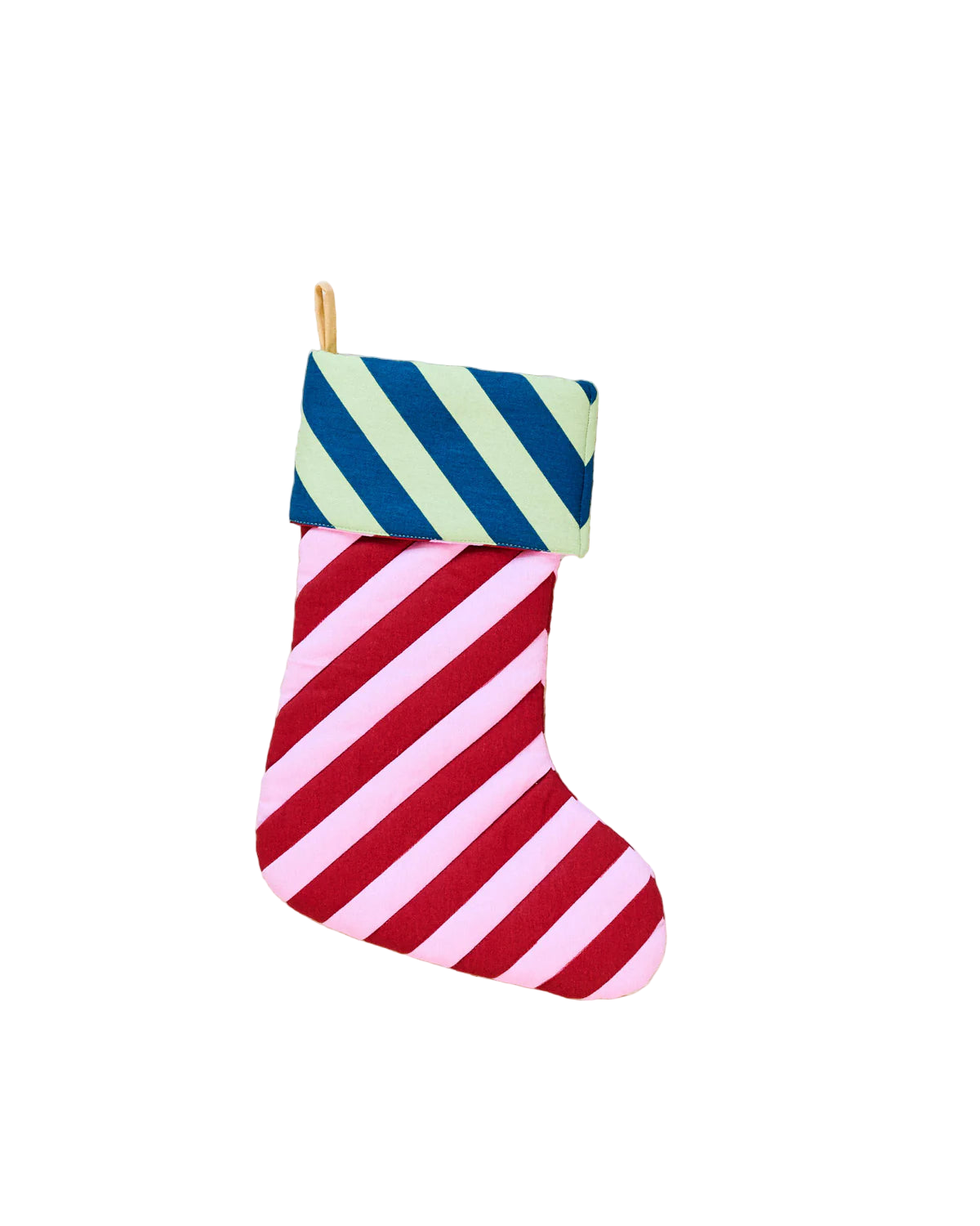 Striped red and pink Christmas stocking with blue and green cuff.