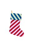 Striped red and pink Christmas stocking with blue and green cuff.
