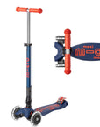 Navy and red orange three wheeled scooter with telescoping handlebars with light up wheels.