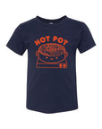 Blue tee shirt with red ink screen print of hot pot bowl on a burner and the text HOT POT.