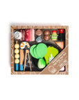 Wood hot pot set including meat vegetables utensils pot and burner with carry bag in box with Wooden and Magnetic Hot Pot Toy Set 40 pieces Bitty Bao written on front.
