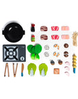 Wood hot pot set including meat vegetables utensils pot and burner.
