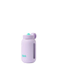 Purple water bottle with a blue lid on a white background