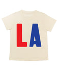 White tee screen printed with red L and blue A.