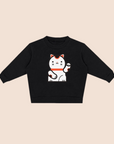 Black sweatshirt with screen print of a red, white and black Maneki-neko or lucky cat.