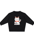 Black sweatshirt with screen print of a red, white and black Maneki-neko or lucky cat.