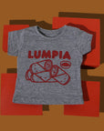 Grey tee screen printed with red ink text LUMPIA above three smiling lumpia and dipping sauce.