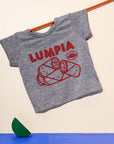 Grey tee screen printed with red ink text LUMPIA above three smiling lumpia and dipping sauce.
