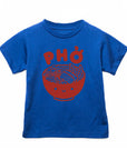 Blue tee screen printed with red ink text Pho above a smiling bowl of Pho.