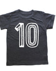 Black tee screen printed with white number 10.