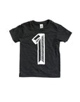 Black tee screen printed with white number 1.