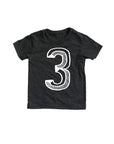 Black tee screen printed with white number 3.