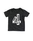 Black tee screen printed with white number 4.