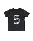 Black tee screen printed with white number 5.
