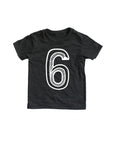 Black tee screen printed with white number 6.