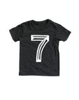 Black tee screen printed with white number 7.