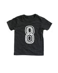 Black tee screen printed with white number 8.