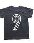 Black tee screen printed with white number 9.