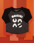 Grey baseball tee with black sleeves printed with white text ONIGIRI above four smiling onigiri.