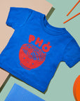 Blue tee screen printed with red ink text Pho above a smiling bowl of Pho.